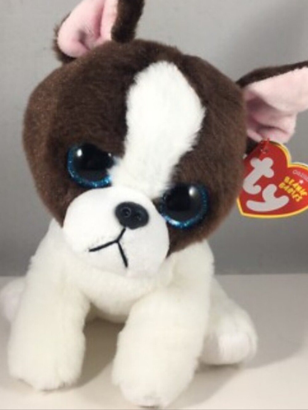 <> TY Original Brown & White Puppy with Blue Glitter Eyes Plush Portia